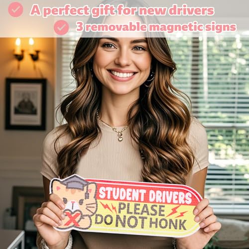 Image of 3pcs Student Driver Magnet for Car, 9.84x3.54in Funny Pink Reflective Novice Driver Magnetic Bumper Stickers Cute Cat Safety Awareness Sign for Rookies Weather Resistant & Detachable