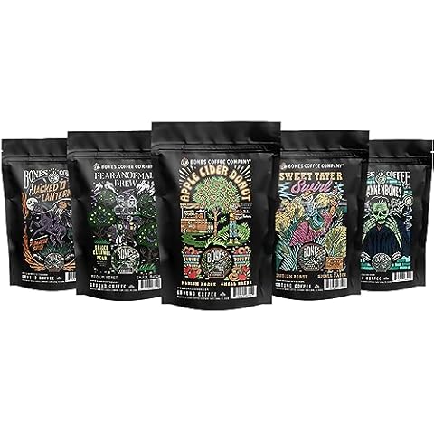 Bones Coffee Company Fall Sample Pack Flavored Whole Coffee Beans Flavored Coffee Gifts | 4 oz Pack of 5 Assorted Medium Roast Low Acid Coffee Beverages (Whole Bean) Cover