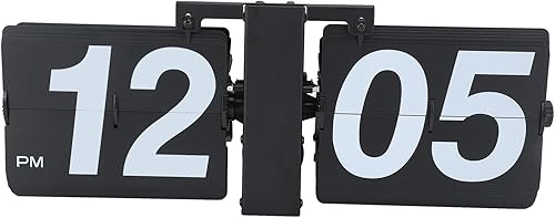 Flip Clock Desk Retro Mechanical, All Black PVC Stainless Steel, Battery Powered Large Vintage Office Decor - Easy Read Numbers, Detachable Cards,