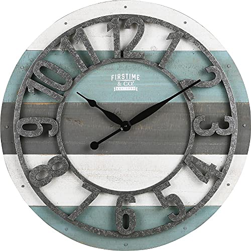 FirsTime & Co. Teal Shabby Planks Wall Clock, Large Vintage Decor for Living Room, Home Office, Round, Wood, Farmhouse, 27 inches