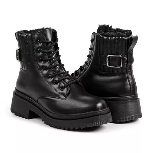 Bota Feminina de Inverno em Couro Forrada com Lã Impermeável - Nova York