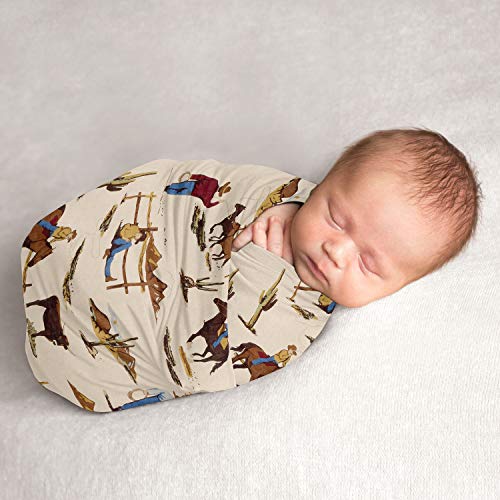 Sweet Jojo Designs Wild West Cowboy Baby Boy Swaddle Blanket Jersey Stretch Knit For Newborn Or Infant Receiving Security - Red, Blue, Tan Western Southern Country Horse #TOP22