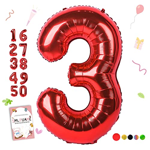 Image of 40 Inch Red Number 3 Balloon, 3rd Birthday Decoration Boys Girls