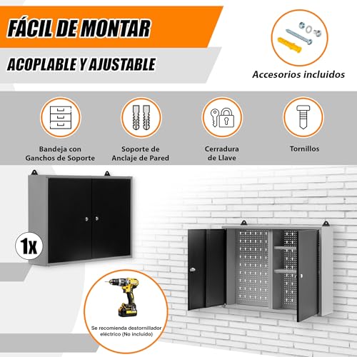 METALLMOBELL - Armario Metalico de Pared | 80x60x20cm, con Estanterías, Panel Herramientas y Cerradura | Armario Almacenaje, Mueble Almacenaje, Armario Oficina, Armario Herramientas MB02G - imagen 5