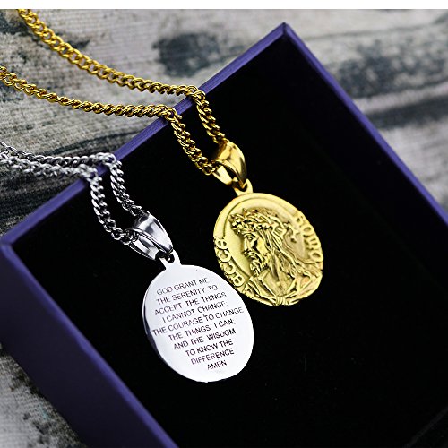 Christian Jesus Christ Serenity Prayer Necklace Stainless Steel Medal Medallion Necklace Silver Gold Tone3