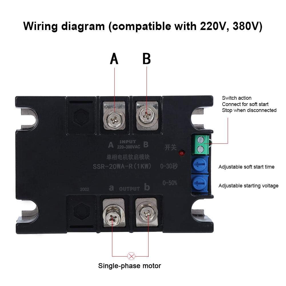 Walfront Contrôleur de Démarrage Progressif 220VAC pour Moteur Monophasé/2 Phases, Fond en Aluminium, Fréquence 50-60Hz (Module + Radiator)