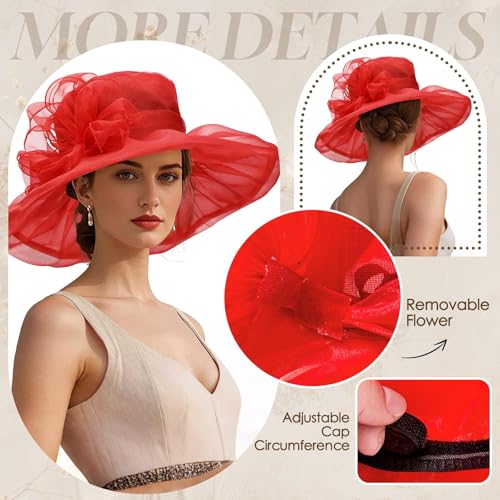 Zando Derby Hats for Women 2026 Church Elegant Organza Victorian Fancy Tea Party Wedding Kentucky Fascinators Fashionable Derby Hat for Women Red Hat by Zando - Used condition - Image 4