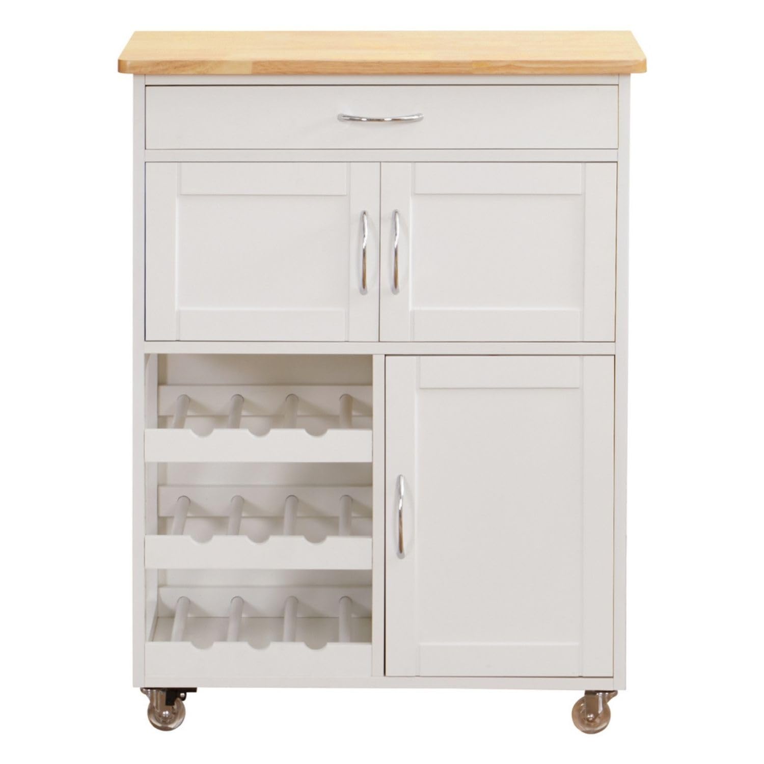 Brigros WeHome - Carrello Cucina Legno Febe, Credenza Bianca 67x36x87 Cm Con 1 Cassetto, 3 Ante, 3 Ripiani Portabottiglie, Mobile Cucina Con Ruote E Piano In Legno Rovere (Bianco)