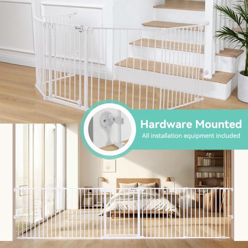 Image of COMOMY 127.8 inch Extra Wide Baby Gate, Dog Gate for House Stairs Doorways Fireplace, Auto Close Pet Gate with Door Walk Through, 5 Metal Panels, Hardware Mounted Baby Fence Indoor Outdoor(30 inch Tall,White)