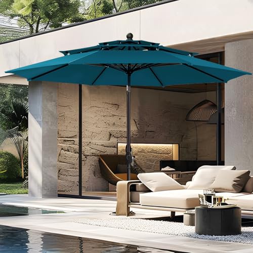Image of PHI VILLA 10ft Outdoor Patio Umbrellas for Outside, 3 Tier Vented Market Table Umbrella Windproof for Backyard, Deck, Garden, 1.5 inch Pole, Cyan(No Base)
