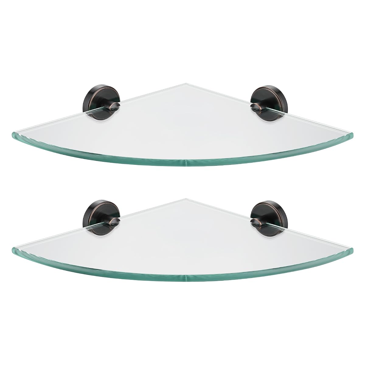 JQK Corner Glass Shelf, Oil Rubbed Bronze Bathroom 304 Stainless Steel Shower Triangle Floating Wall Shelf, 10 x 10 Tempered Glass, 2 Pack, TGS190L10-ORB-P2