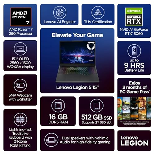 Image of Lenovo Legion 5 15AHP10 Gaming Laptop,15.1 OLED WQXGA(2560 x 1600) 165Hz, AMD Ryzen 7 260, NVIDIA RTX 5060, 16GB DDR5 RAM 512GB SSD, Wi-Fi7, Backlit KB, Win11, Eclipse Black, 2TB Flash Drive, W /GaLiMu
