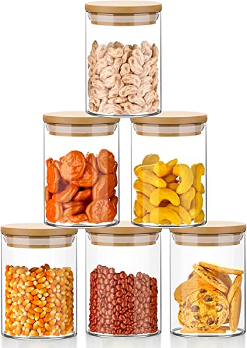 Image of glass jars with Round wooden lid glass jar 270 ml set food storage containers Borosilicate glass jar for Sugar, Tea, and Other Dry food storage set of 6 (6, Round BAMBOO LID GLASS JAR 270ml -)