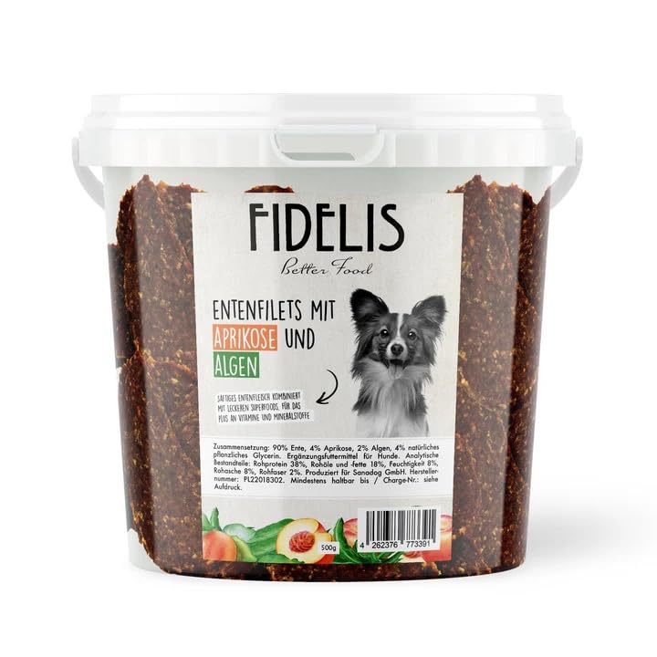 Fidelis - Entenfilets Alge & Aprikose für Hunde im praktischen 500gr-Eimer - Luftgetrocknete Hunde Leckerlis aus 100% natürlichen Rohstoffen