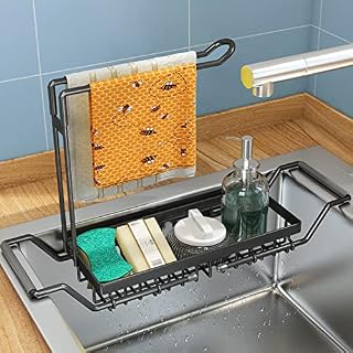FOJJIYUAL Kitchen Sink Organiser, Sink Storage Holder for Sponge, Cloth, Brush, Drain Basket with Hanging Rail for cloth, Storage Rack in 201 Stainless Steel, Telescopic Black-L-42.5x10.5x23.5CM