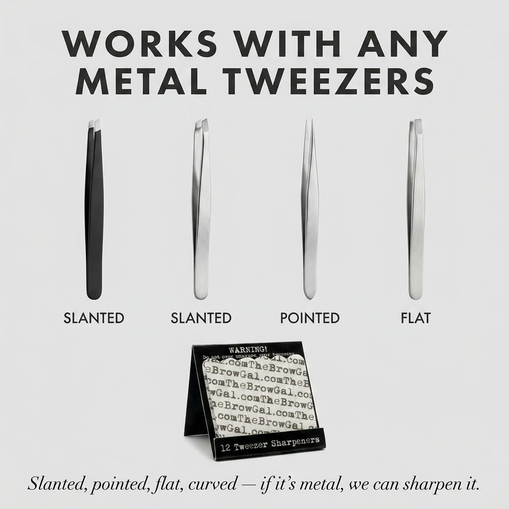 The BrowGal – 12 Tweezer Sharpeners – Exclusive for Sharp & Efficient Longer Period use - Super Handy and Portable Tool, Easily Grip with Safety - Sharpen Dull and Neglected Tweezer in Seconds