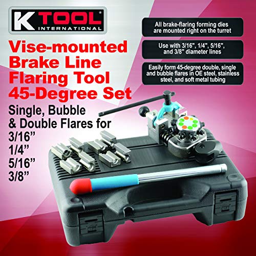 K Tool International Brake Line Flaring Tool, 45 Degree Set. Single, Double, and Bubble Flares, Vise-Mounted, T-Handle Screw Clamp, Easy to Use ; KTI70081, Black