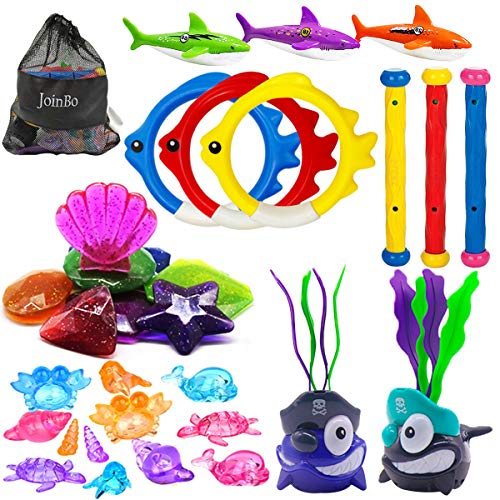 JOINBO 32 Pcs Dive Toys Pool Toys/Underwater Swimming Toys, New Diving Shark (2Pcs), Jumbo Diving gem (8Pcs), Treasures (12 Pcs), Rings (3pcs), Torpedo Bandits (3Pcs),Diving Sticks(3Pcs)