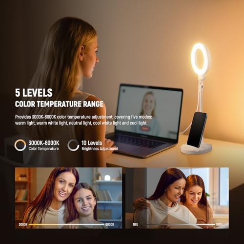 Image of NEEWER BASICS 5 inch /13cm Desk Ring Light with Stand, 10W LED Selfie Light with Phone Holder Base Compatible with iPhone for Video Recording Laptop Webcam Zoom Video Conference Lighting Makeup, White BR60
