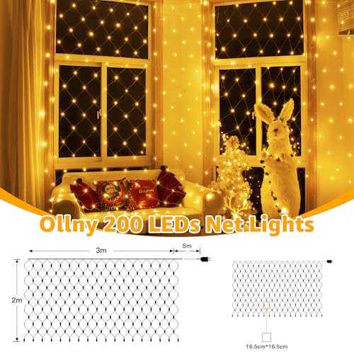 Ollny Net Lights Outdoor Indoor, 200 LED 3m x 2m Mesh Fairy Lights Plug in, Waterproof String Lights with 8 Light Modes/Timer/Remote, for Outside/Garden/Window/Gazebo Ceiling Decorations, Warm White - Image 2