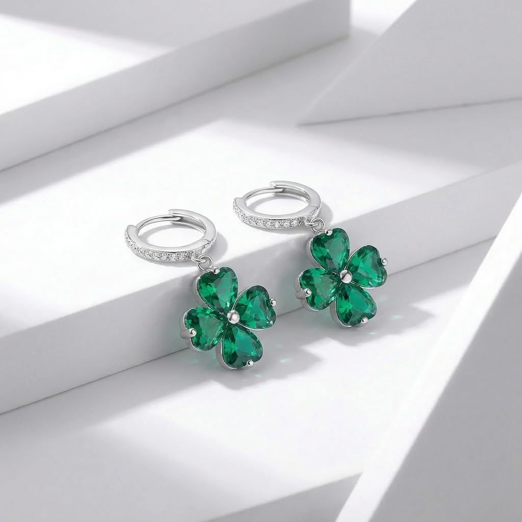 Reffeer Solid 925 Sterling Silver CZ Leaf Clover Earrings Drops for Women Teens Shamrock Earrings Hoops Green St Patrick’s Day
