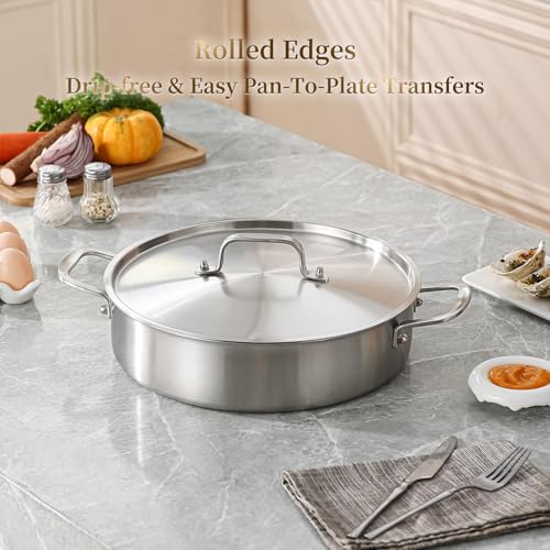 DELARLO Tri-Ply Stainless Steel 8 Quart Braiser Pan with Lid Induction Rondeau Pot With Lid 12inch Deep Frying Pan Large Saute Pan Heavy Duty Style Compatible With All Cooktops Up to 650℉ - Image 7