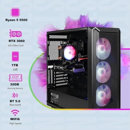 STGsivir Gaming PC, Gaming Computer Desktop Tower, AMD Ryzen 5 5500 up to 4.2GHz, Nvidia GeForce RTX 3060 12GB GDDR6, 32GB DDR4 RAM, 1TB SSD, WIFI 6, BT 5.0, RGB Fan x3, Windows11 Pro - Image 3