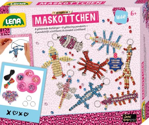 LENA - 42690 Kit d'artisanat pour 8 mascottes, 8 porte-bonheur/porte-clés avec 740 perles XXL, cordon noir, 8 anneaux et instructions, pour enfants à partir de 6 ans