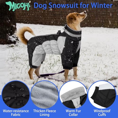Image of MIGOHI Full Body Dog Coat,Warm Coats for Large Dogs | Reflective Winter Coat for Dogs with Harness,Turtleneck Dog Snowsuit with Legs,Windproof Pet Fleece Puffer Jacket,XXL,Black