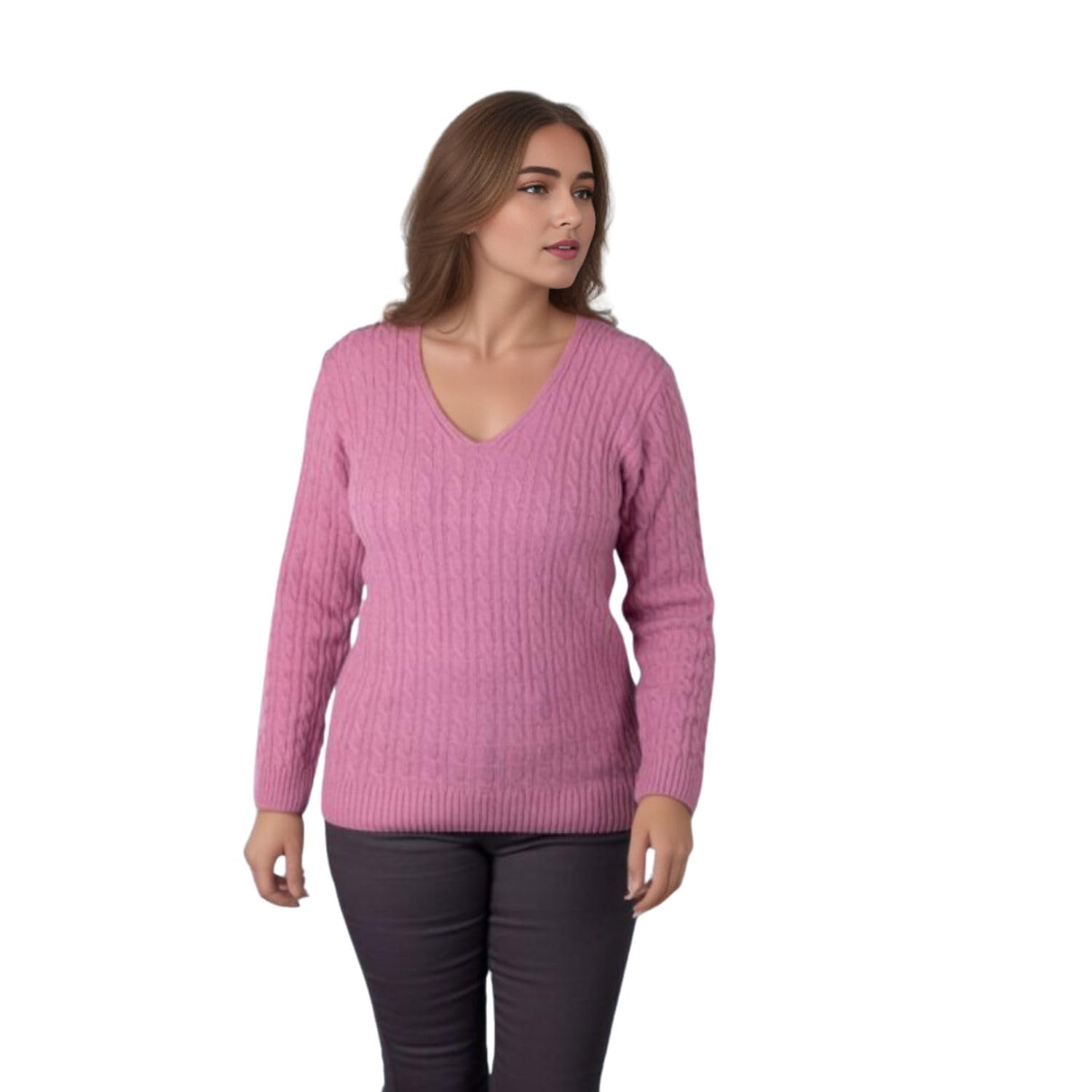 WearAll Women's Plus Cable Knitted Long Sleeve V-Neck Sweater Top Ladies Stretch Jumper - Pink - 16-18
