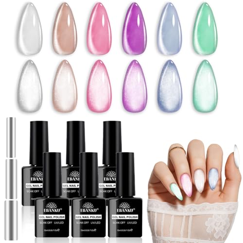 EBANKU Esmaltes Semipermanentes para Uñas en Gel, 6 Colores Kit Pintauñas Semipermanentes Uñas de Gel UV LED en Gel Nail Polish, Holographic Rosa Azul Morado Cat Eye con imanes