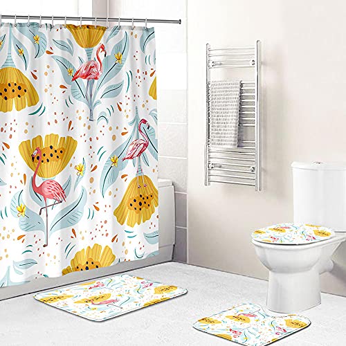 ZDDWLDL 4-Teilig Duschvorhang Set Mit Rutschfesten Teppichen Toilettendeckel Und Badematte Wasserdicht Farbfest Schimmel… – Bild 3