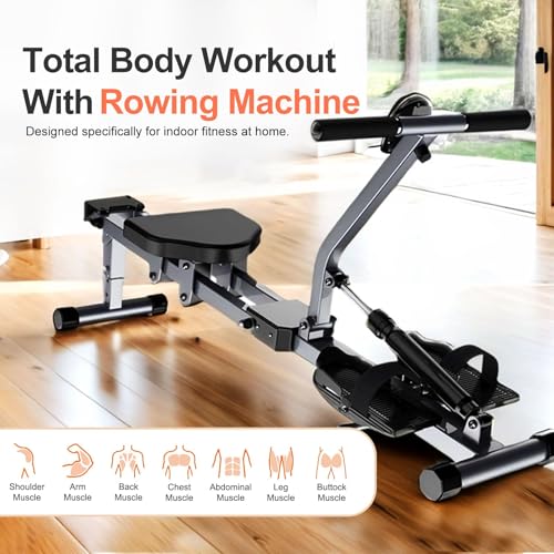 Rowing Machines for Home Foldable,Indoor Fitness Hydraulic Rowing Machine,300LBS Weight Capacity with 12 Levels of Adjustable Resistance,LCD Display for Real-time Recording,Dual Tracks for Quieter