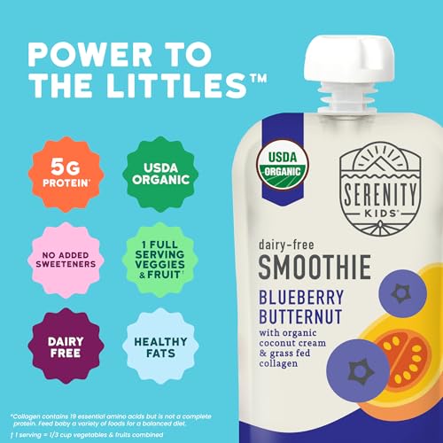 Image of Serenity Kids Organic Baby Food Pouches, Smoothie, 3.5 Oz, 12 Pack | 5g Collagen Protein, Full Serving of Fruits & Veggies, 5g Healthy Fats, No Added Sweeteners, Toddler Snacks, Dairy Free
