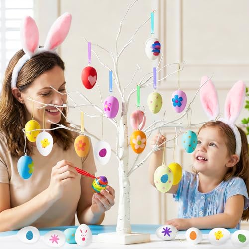 25 Deko-Eier Ostern, 6cm Kunststoff Eier zum Bemalen Beschriften, Ostern Basteln Plastikeier, Ostereier zum Aufhängen, Ostereier Plastik, mit Schaumstoff Sticker Aufhänger für Dekoration und Geschenk
