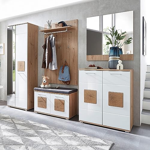 Lomadox Garderoben-Set 5-teilig in braun mit weiß | Flurgarderobe in Eiche mit weiß Hochglanz | Garderobenschrank, Garderobenpaneel, Flurbank, Schuhschrank, Spiegel Lomadox Garderoben-Set 5-teilig in braun mit weiß | Flurgarderobe in Eiche mit weiß Hochglanz | Garderobenschrank, Garderobenpaneel, Flurbank, Schuhschrank, Spiegel