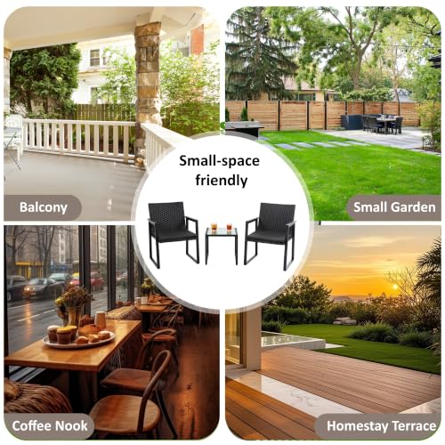 Image of Shintenchi 3 Pieces Wicker Patio Bistro Sets, Rattan Patio Conversation Set with Coffee Table, Outdoor Wicker Furniture Set for Lawn, Garden, Balcony (Black)