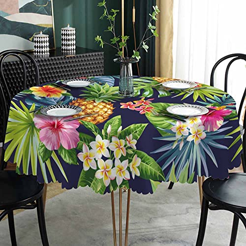 Aoyego Tropical Pineapple Table Cloth Palm Leaves Flowers Summer Fruit Exotic Wild Plant Round Tablecloth 60 Inch For Dining Room, Party, Banquet #TOP1