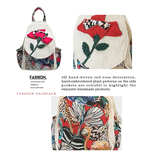 Image of Small Canvas Backpack, Retro Boho Washed Hippie for Women Daily Commute (Safflower Decorations)