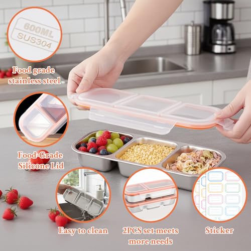 Image of 2 Pack Stainless Steel Snack Containers, 3+2 Compartment Snack boxes, Reusable Snack Containers with Lids for Adults - Leakproof Divided Metal Food Storage Bento Lunch Box for Work, Office, Travel