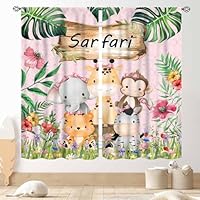 TKUYO Kids Safari Animals Curtains, Cartoon Giraffe Elephant Monkey Woodland Jungle Tropical Leaf Pink Window Curtains for Boys Girls Baby Living Room Bedroom Nursery Classroom 2 Panels, 84\"x63\" Inch