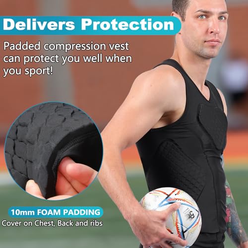 TUOY Padded Compression Shirt for Men Football Rib Protector Shirt Sleeveless Vest for Football Baseball Softball Rugby Rib Heart Sternum Guard