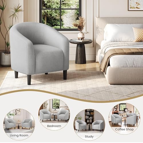 Image of Yaheetech Corduroy Accent Chairs, Compact Furry Barrel Chairs with a Curved Silhouette for Small Spaces, Living Room, Bedroom, Light Gray