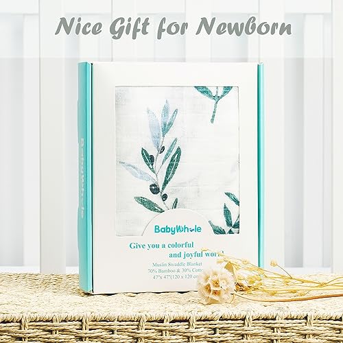 Image of BabyWhale Muslin Swaddle Blanket with Hat and Headband Bow, Boho Green Eucalyptus Leaves Swaddle Set for Newborns, Breathable Receiving Blanket Wrap, Large 47x47 inches