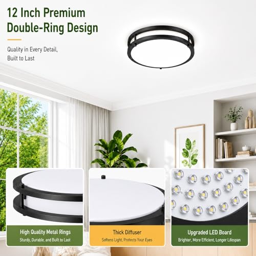 36W Black LED Flush Mount Ceiling Light Fixture, 13inch 3600LM Dimmable LED Ceiling Light, 2700K/3000K/4000K/5000K/6500KModern Ceiling Light for Bathroom Stairwell Balcony Corridor Laundry, 1 Pack by IINVGOOD - Used condition - Image 3