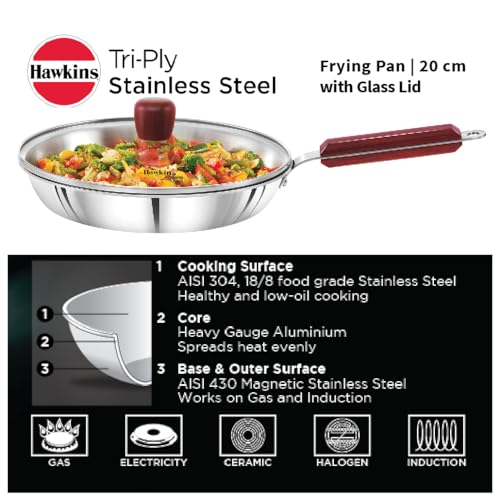 Image of Hawkins 20 cm Frying Pan, Triply Stainless Steel Fry Pan with Glass Lid, Induction Frying Pan, Silver (SSF20G)