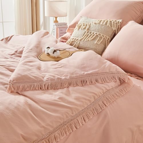 Image of Andency Pink Full Size Comforter Set with Sheets - 7 Pieces Boho Tassel Bed in a Bag Soft Lightweight Bedding Sets, Pink Fringe Bed Set with Comforter, Sheets, Pillowcases & Shams