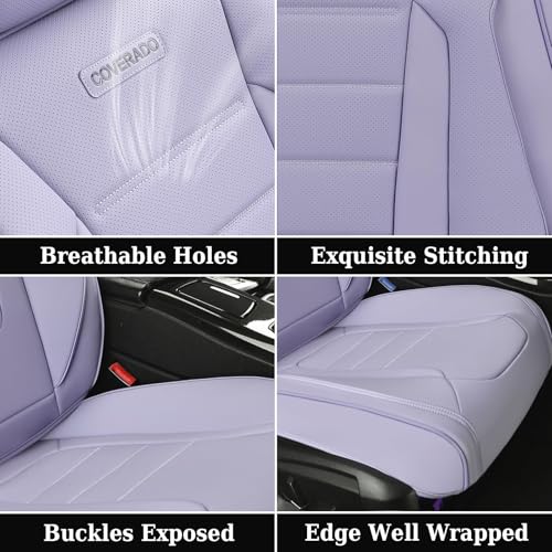 Image of Coverado Car Seat Covers Full Set, Nappa Leather Seat Covers for Cars, Car Seat Protector Car Seat Cushion, Front and Back Seat Protectors Cushions Universal Fit for Most Cars Vehicles(Purple)