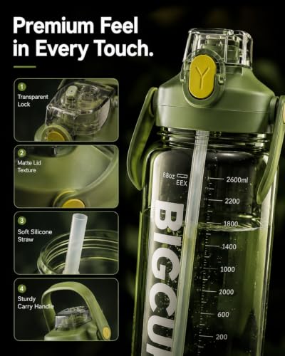 Image of Ryaco Delzon 2.6 Liter Water Bottle with Silicone Pipe, BPA-Free Leakproof Large Reusable Bottle for Office, Gym, Travel, Sports, Men & Women (Mehndi Green, 2.6)