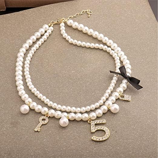 Dainty Simulated Pearls Choker Layered Pearl Necklace Rhinestone Number 5 Dangle Necklace for Women Party Jewelry Gifts - Image 4